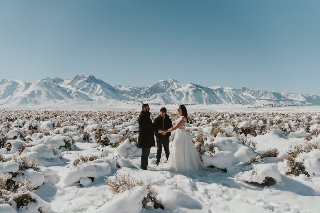 Mammoth lakes elopement ceremony with officiant in front of mountains