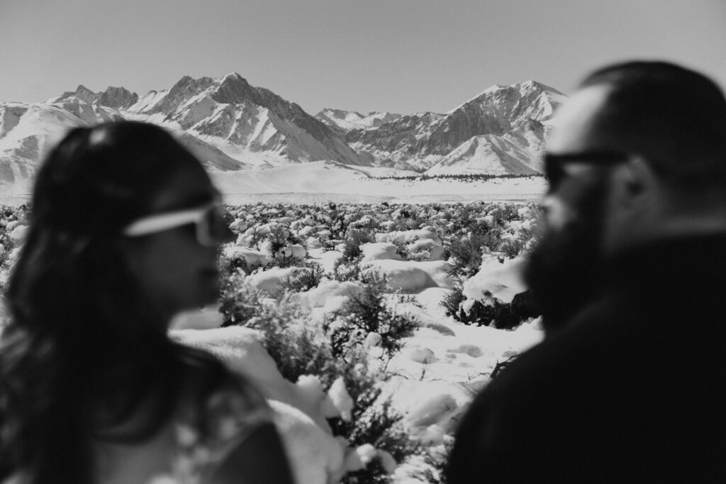 Black and white photo of bride and groom at mammoth lakes elopement